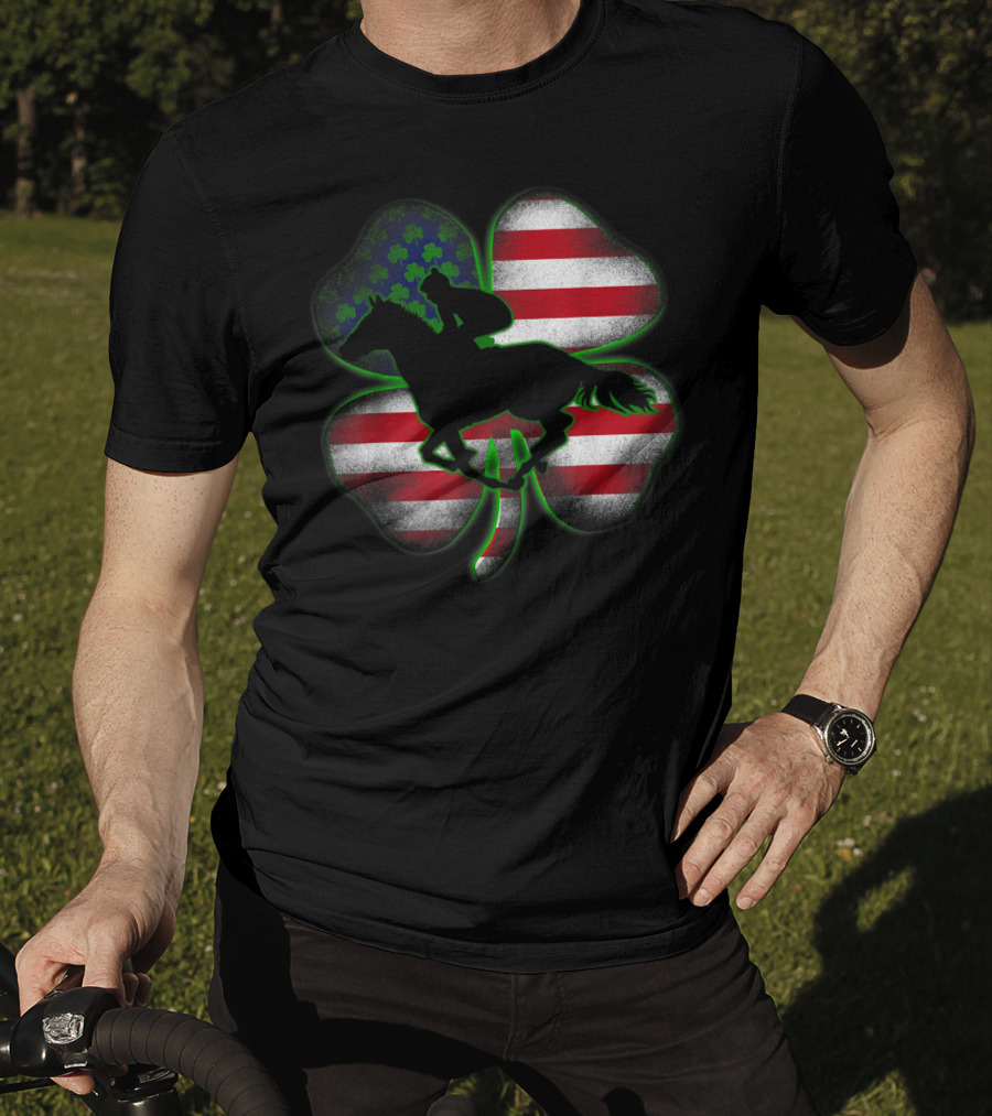 Distressed Horse Racing Shamrocks American Flag St 8W T-Shirt