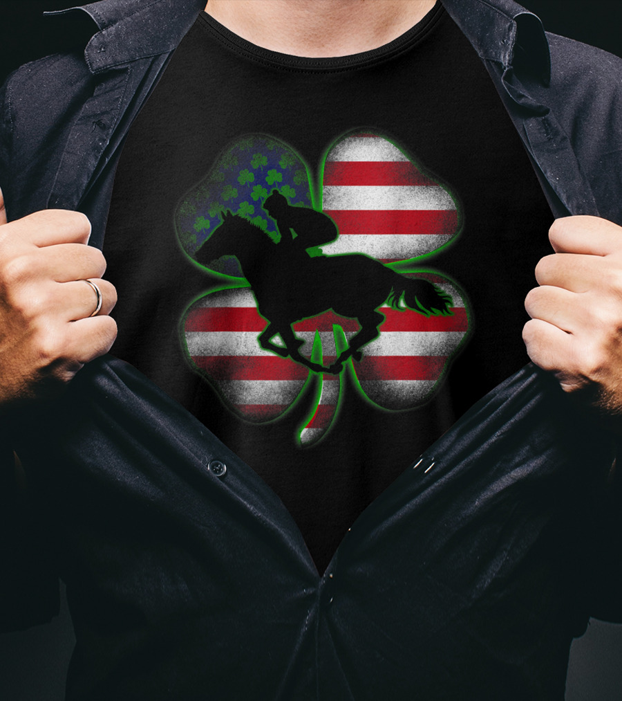 Distressed Horse Racing Shamrocks American Flag St 8W T-Shirt