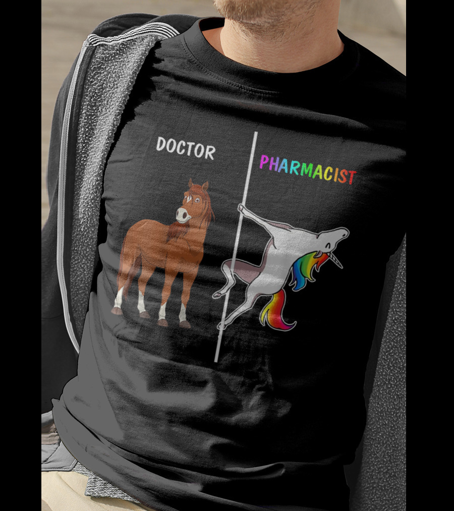 Doctor Horse Vs. Pharmacist Unicorn Rainbow Contrast T-Shirt