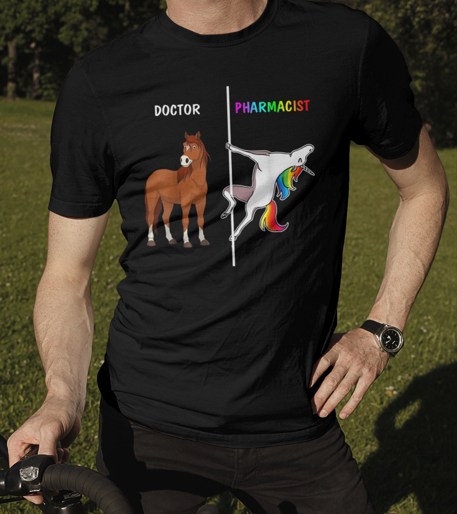 Doctor Horse Vs. Pharmacist Unicorn Rainbow Contrast T-Shirt