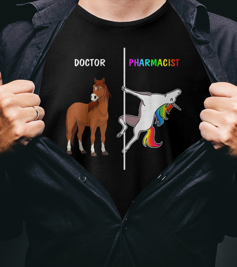 Doctor Horse Vs. Pharmacist Unicorn Rainbow Contrast T-Shirt