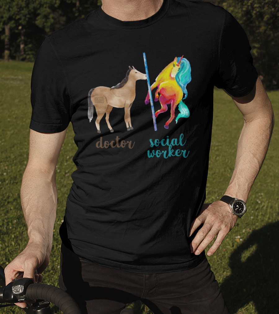 Doctor Horse And Social Worker Unicorn With Pole T-Shirt