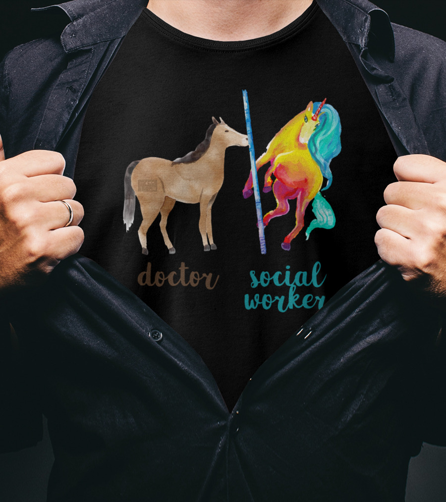 Doctor Horse And Social Worker Unicorn With Pole T-Shirt