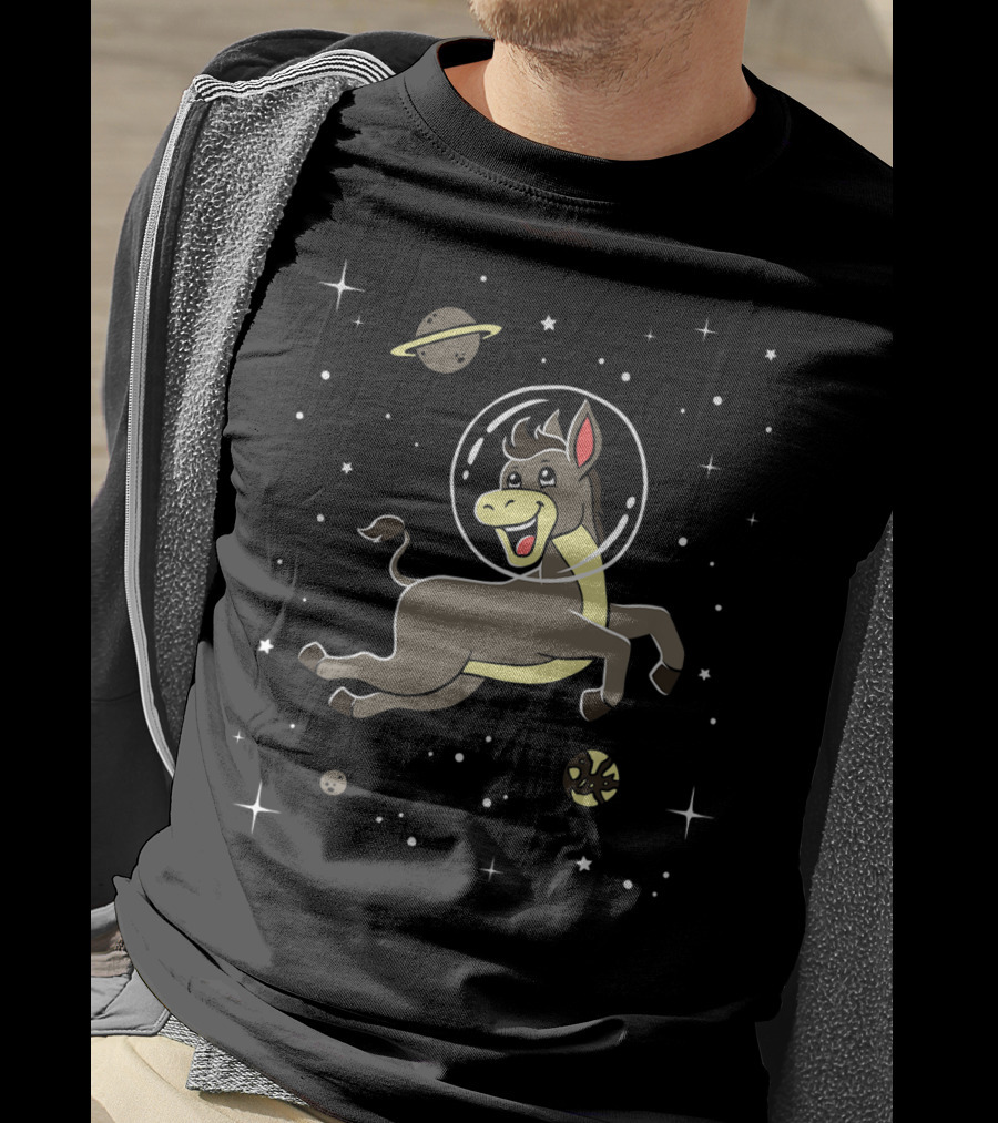 Space Adventure Cute Cartoon Donkey Horse With Astronaut Helmet T-Shirt