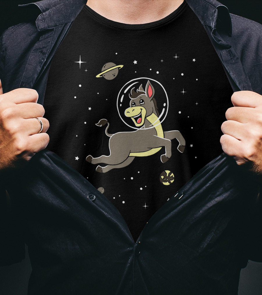 Space Adventure Cute Cartoon Donkey Horse With Astronaut Helmet T-Shirt