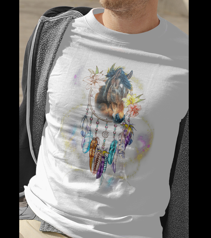 Dream Catcher Horse With Feathers And Flowers For Animal Lovers T-Shirt