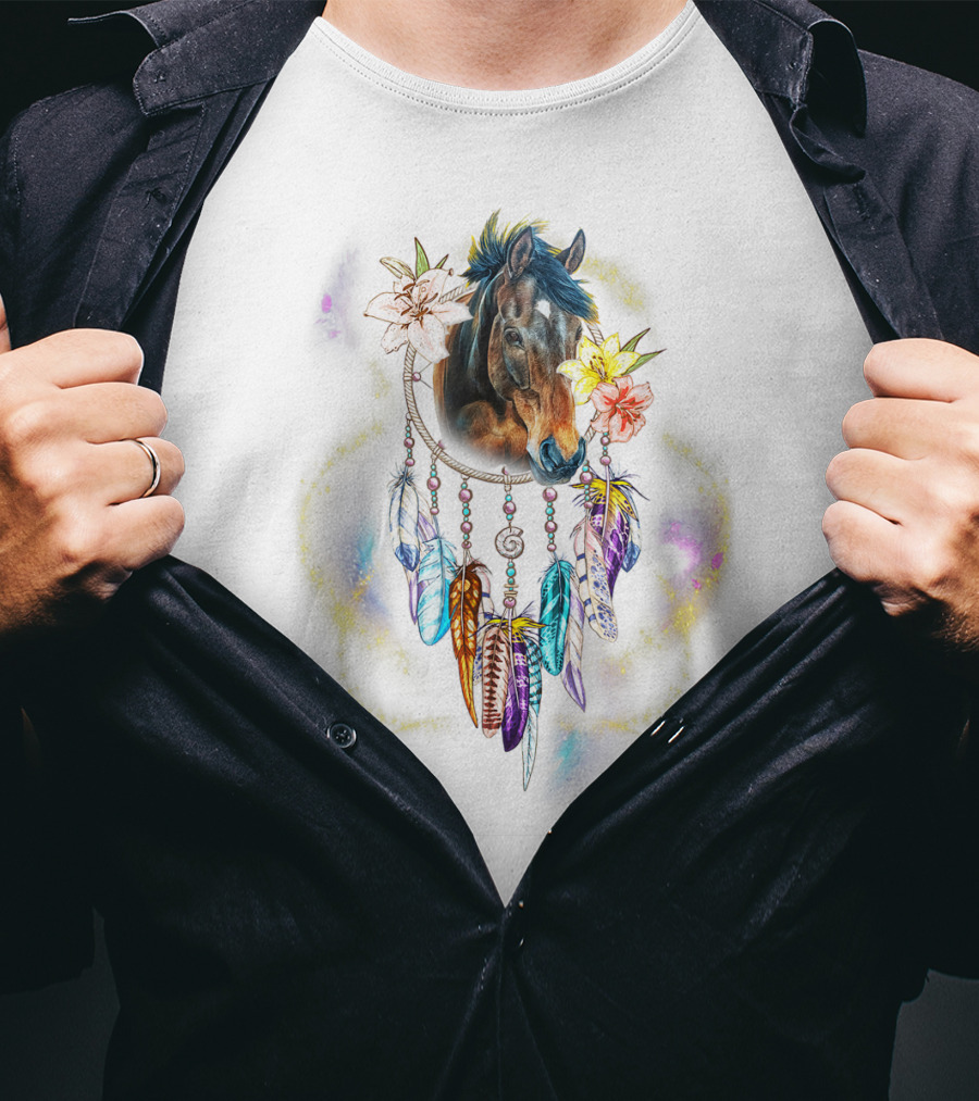 Dream Catcher Horse With Feathers And Flowers For Animal Lovers T-Shirt