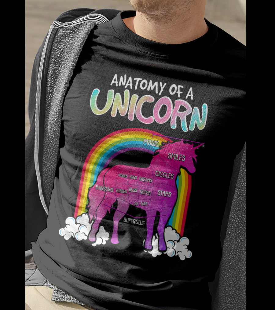 Anatomy Of A Unicorn Rainbows Magic Smiles Giggles Wishes Dreams Hopes Stars Superglue T-Shirt