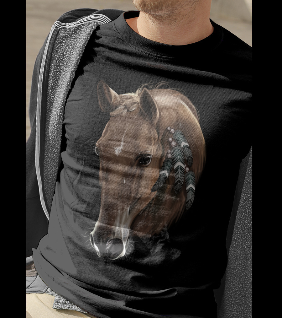 Cute Brown Tribal Horse With Feather Adornments T-Shirt