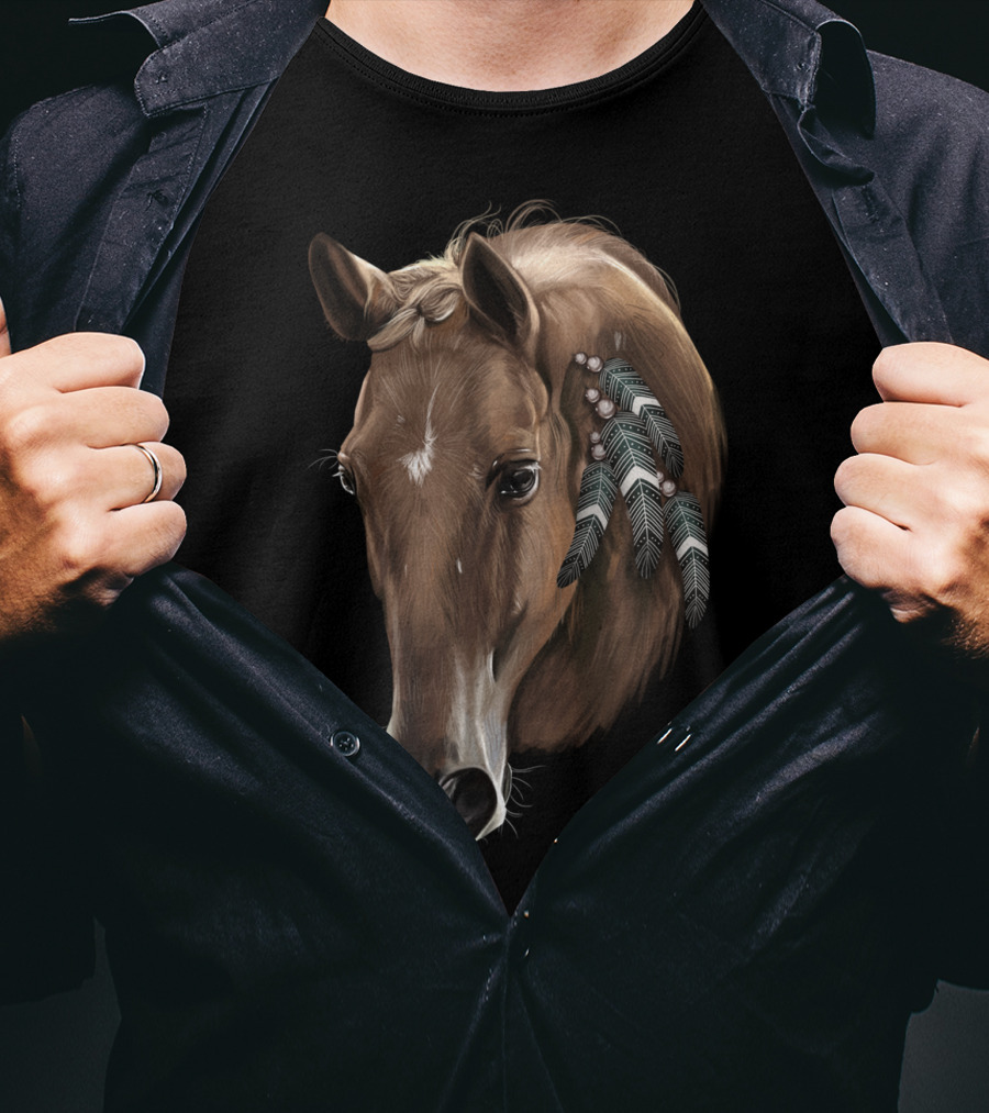 Cute Brown Tribal Horse With Feather Adornments T-Shirt