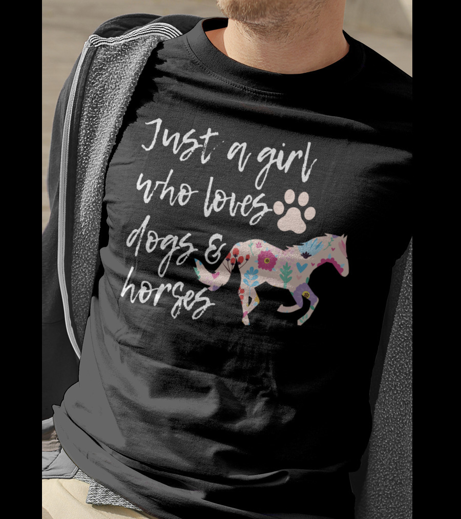 Just A Girl Who Loves Dogs And Horses Floral Horse Paw Prints T-Shirt