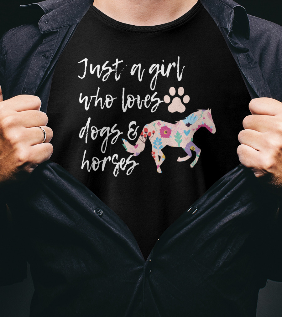 Just A Girl Who Loves Dogs And Horses Floral Horse Paw Prints T-Shirt