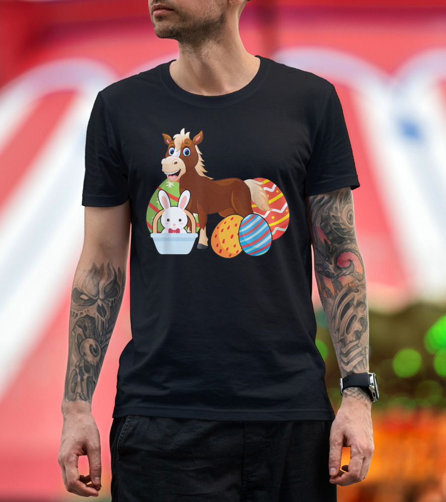 Funny Easter Horse Bunny With Colorful Eggs Happy Easter T-Shirt