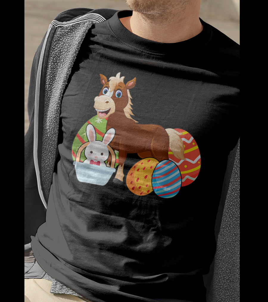 Funny Easter Horse Bunny With Colorful Eggs Happy Easter T-Shirt