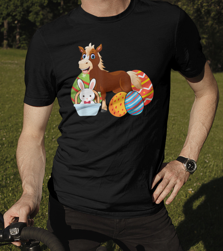 Funny Easter Horse Bunny With Colorful Eggs Happy Easter T-Shirt