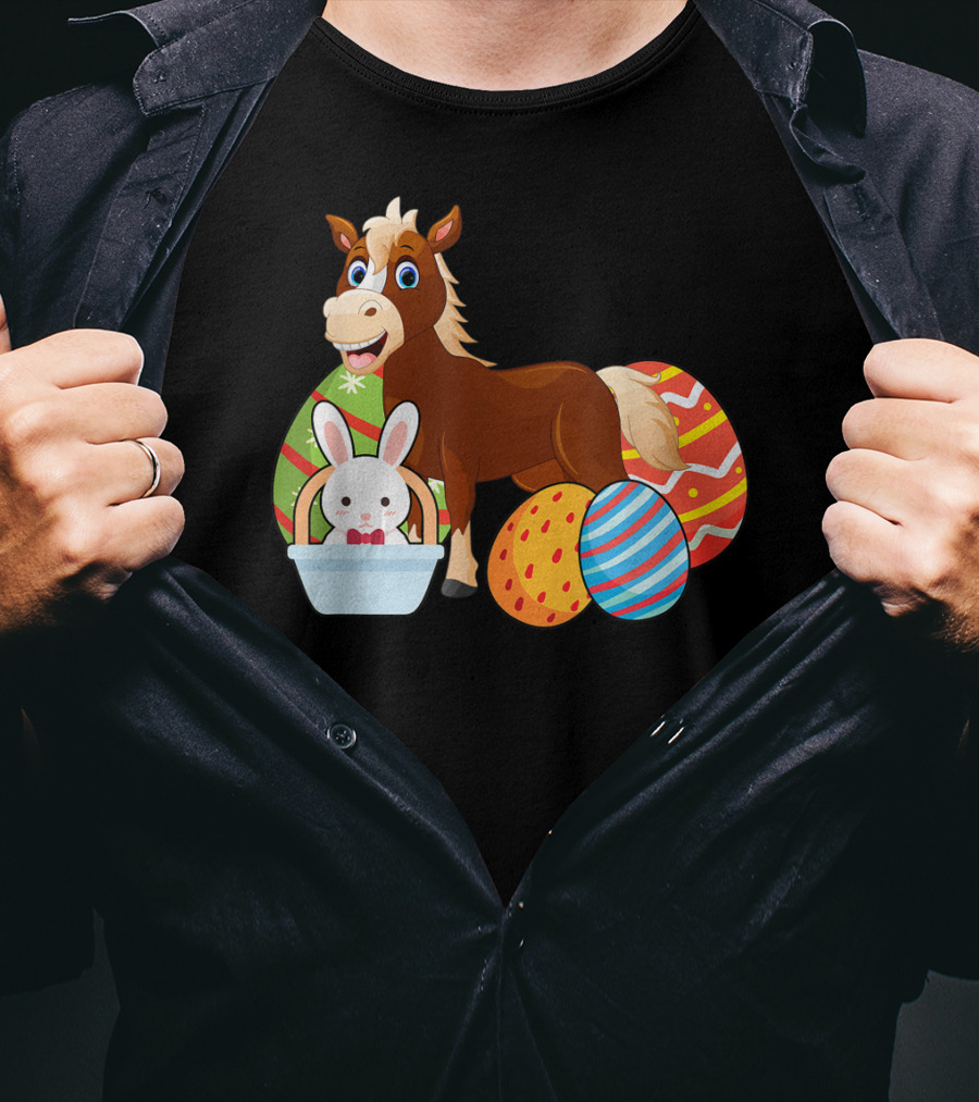 Funny Easter Horse Bunny With Colorful Eggs Happy Easter T-Shirt