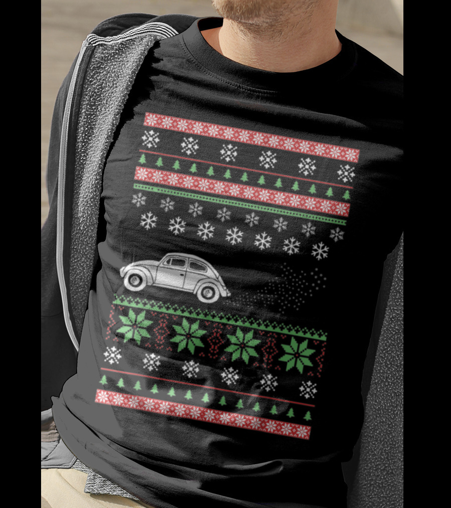 Classic Car Ugly Christmas Sweater Style Snowflakes And Trees T-Shirt