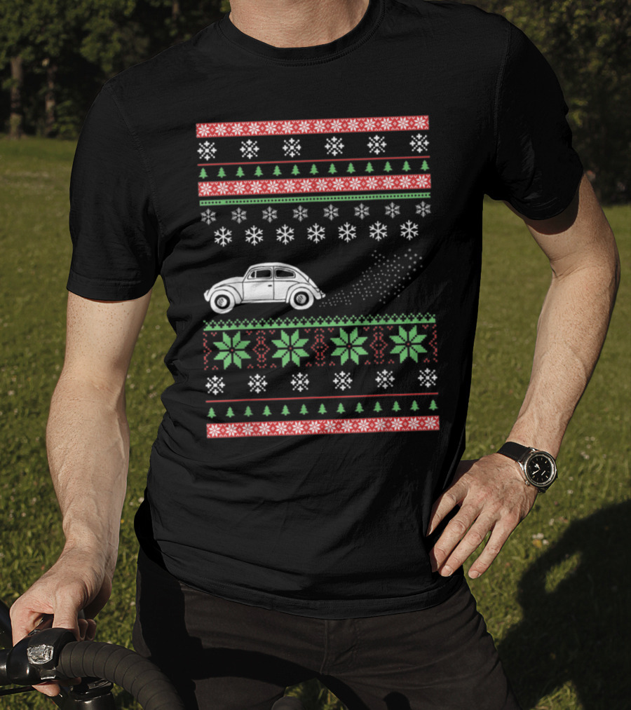 Classic Car Ugly Christmas Sweater Style Snowflakes And Trees T-Shirt