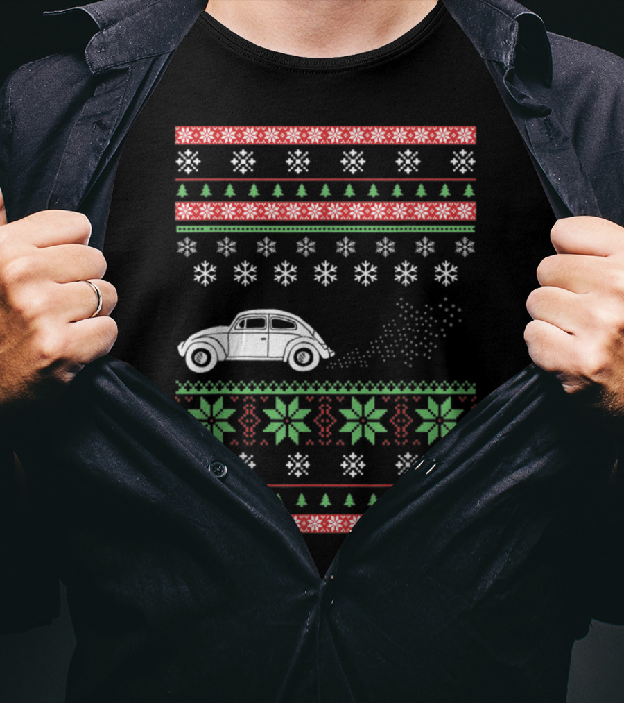 Classic Car Ugly Christmas Sweater Style Snowflakes And Trees T-Shirt