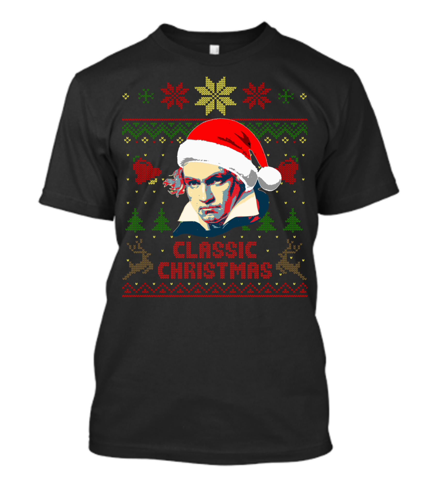 Classic Christmas Beethoven Santa Hat Reindeer Snowflakes T-Shirt