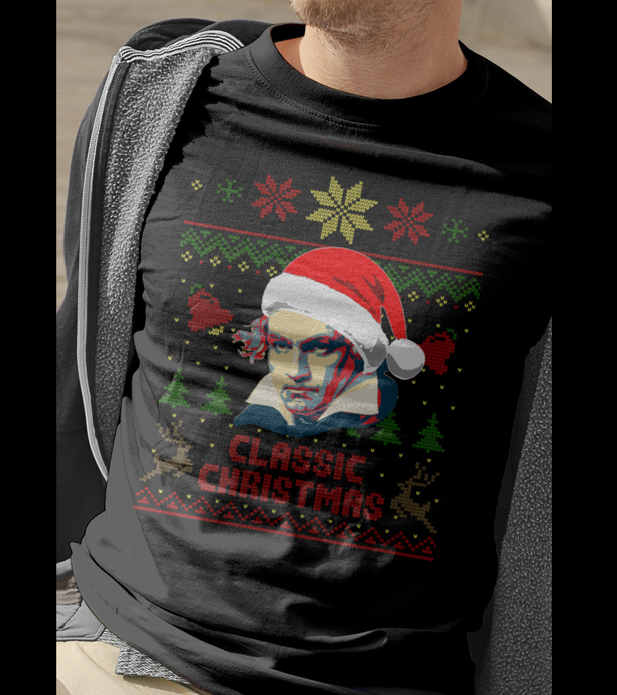 Classic Christmas Beethoven Santa Hat Reindeer Snowflakes T-Shirt