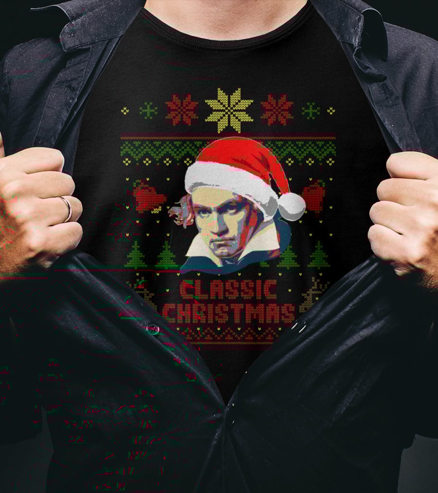 Classic Christmas Beethoven Santa Hat Reindeer Snowflakes T-Shirt