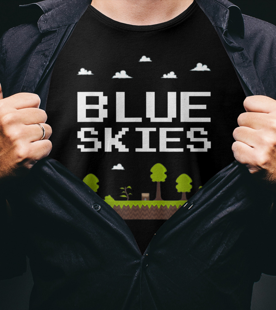 Blue Skies Classic Video Games Gamer Pixelated Trees Landscape T-Shirt