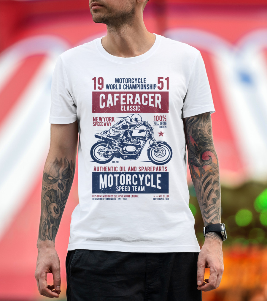 1951 Motorcycle World Championship Cafe Racer Classic New York Speedway Authentic Oil and Spareparts Speed Team T-Shirt