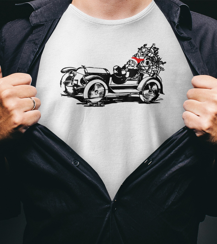 Santa Driving Vintage Car With Christmas Tree Load T-Shirt