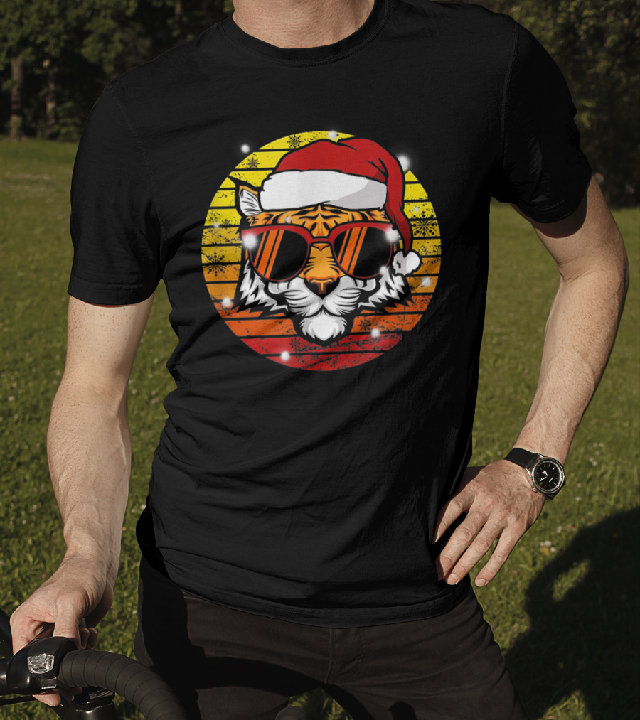 Christmas Tiger Wearing Vintage Santa Hat With Retro Sunglasses T-Shirt
