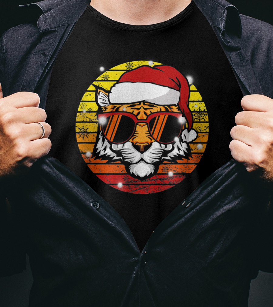 Christmas Tiger Wearing Vintage Santa Hat With Retro Sunglasses T-Shirt