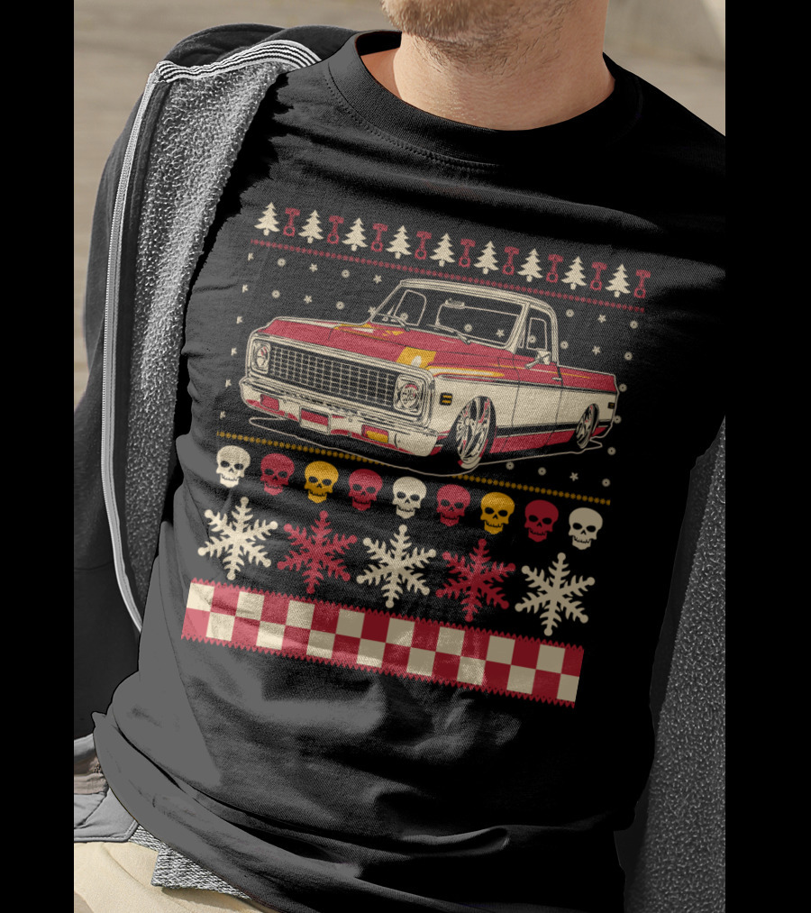 Classic Antique Pickup Truck Ugly Christmas Sweater Skulls Snowflakes T-Shirt