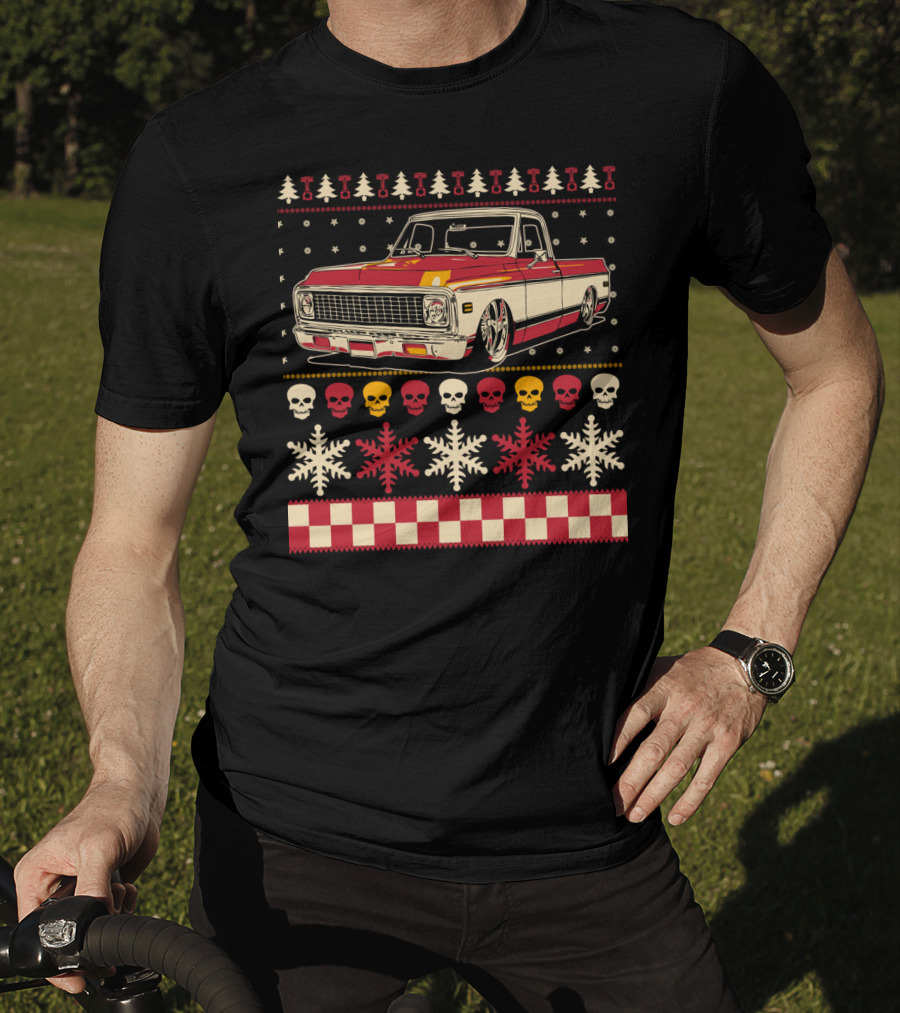Classic Antique Pickup Truck Ugly Christmas Sweater Skulls Snowflakes T-Shirt