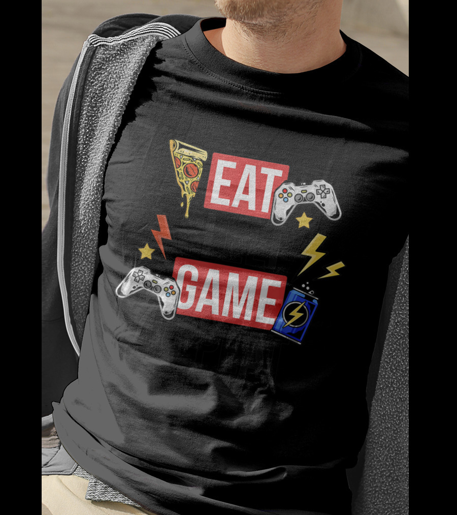 EAT SLEEP GAME REPEAT Pizza Controllers Lightning Energy T-Shirt