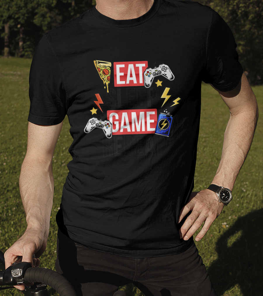 EAT SLEEP GAME REPEAT Pizza Controllers Lightning Energy T-Shirt