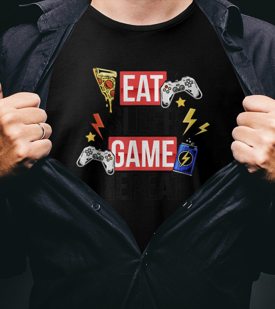 EAT SLEEP GAME REPEAT Pizza Controllers Lightning Energy T-Shirt