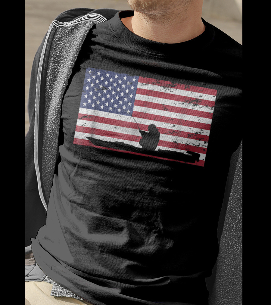 Kayak Fishing Silhouette On Distressed American Flag T-Shirt