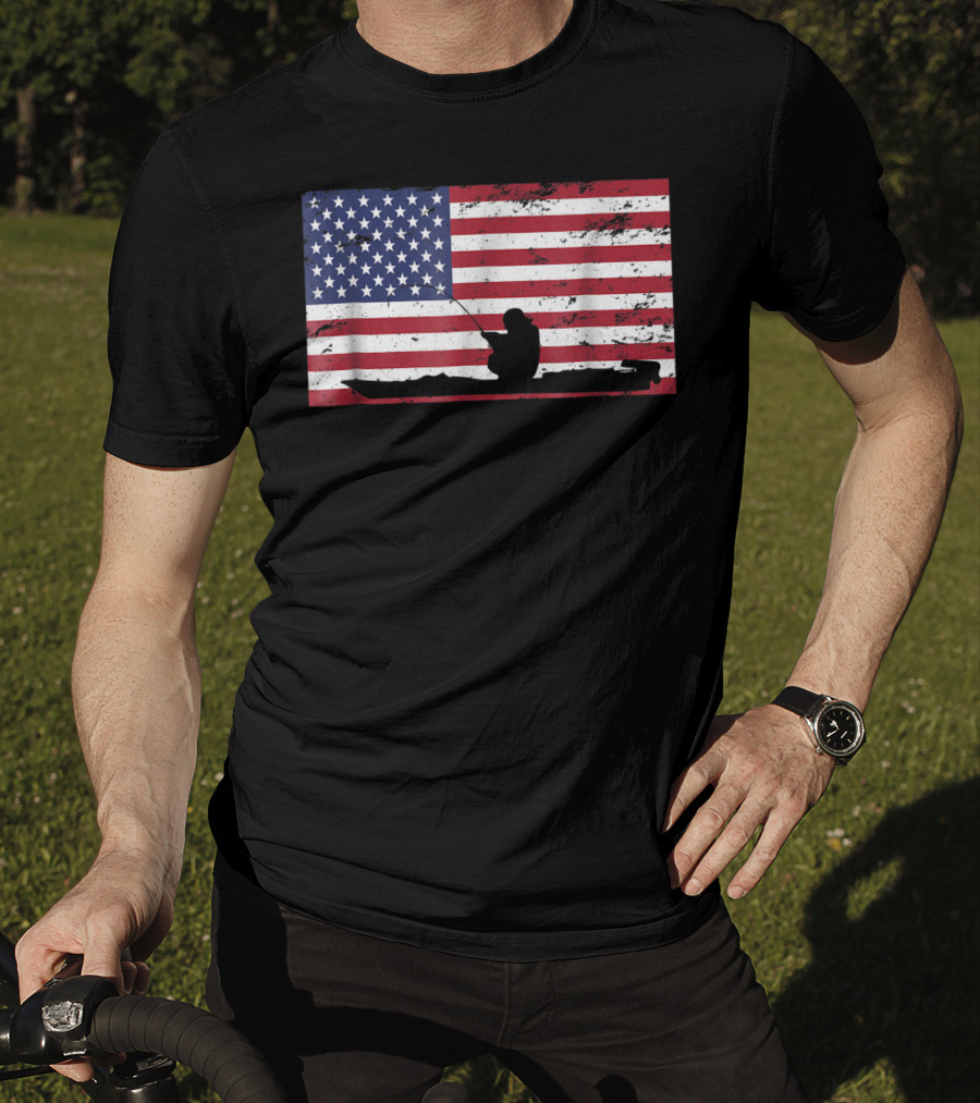 Kayak Fishing Silhouette On Distressed American Flag T-Shirt