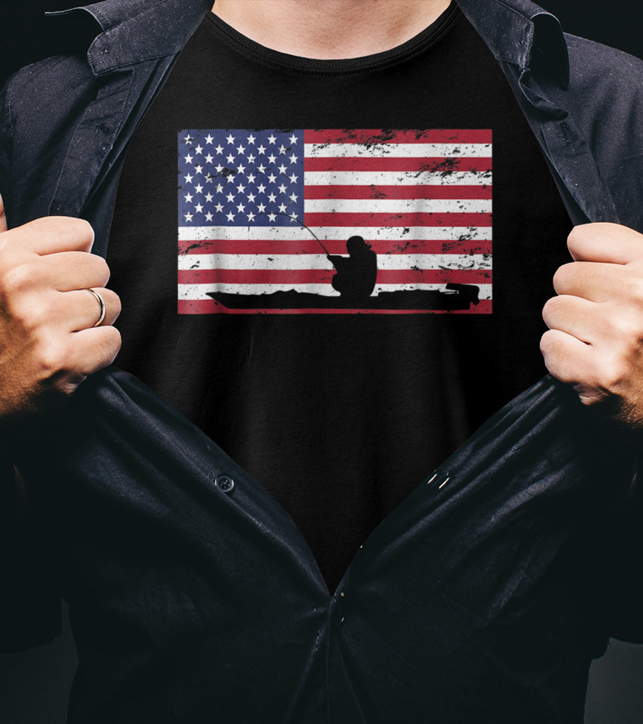 Kayak Fishing Silhouette On Distressed American Flag T-Shirt