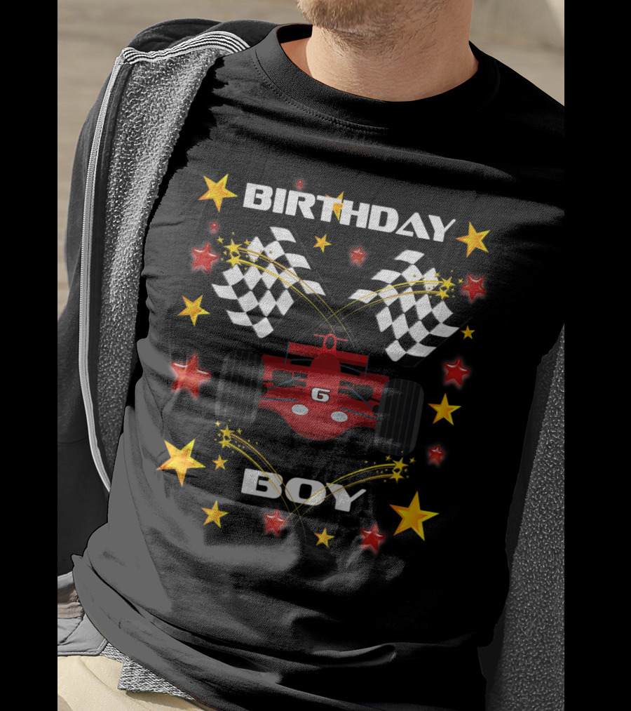 Birthday Boy 6 Racing Car Checkered Flags And Stars T-Shirt