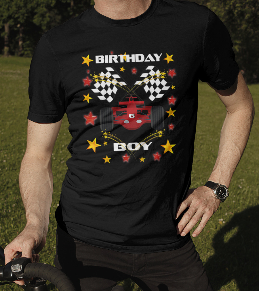 Birthday Boy 6 Racing Car Checkered Flags And Stars T-Shirt