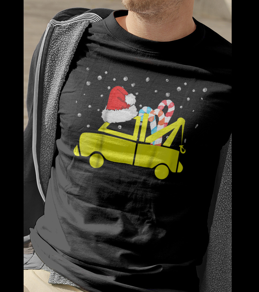 Kids Tow Truck Boys Christmas Santa Hat Candy Cane Snow T-Shirt