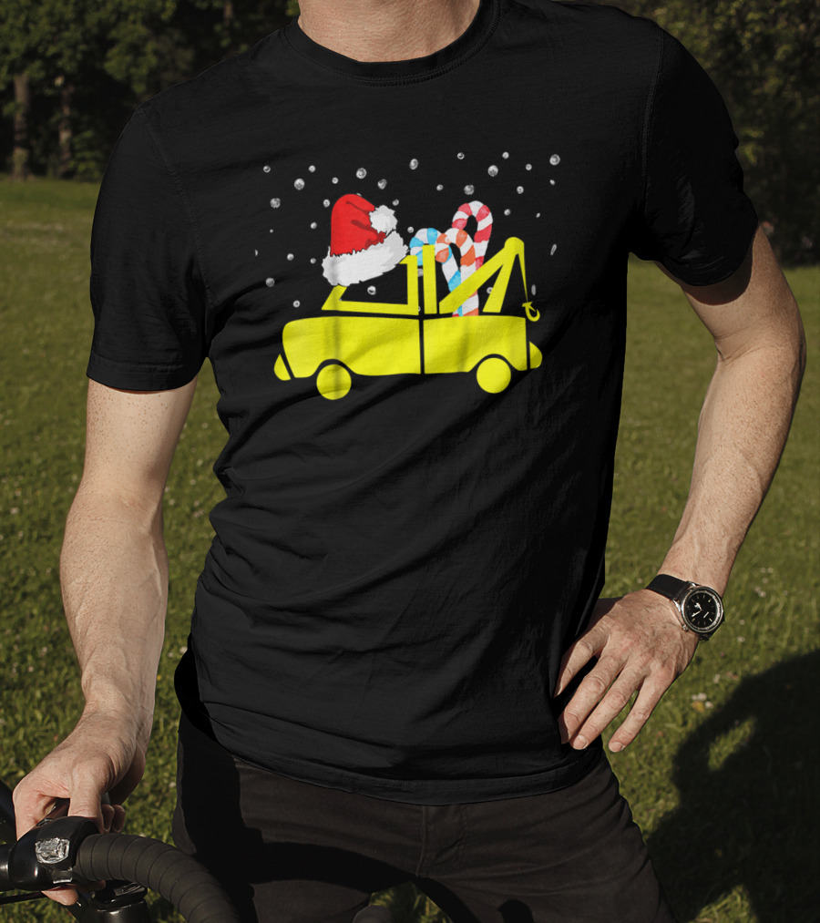 Kids Tow Truck Boys Christmas Santa Hat Candy Cane Snow T-Shirt