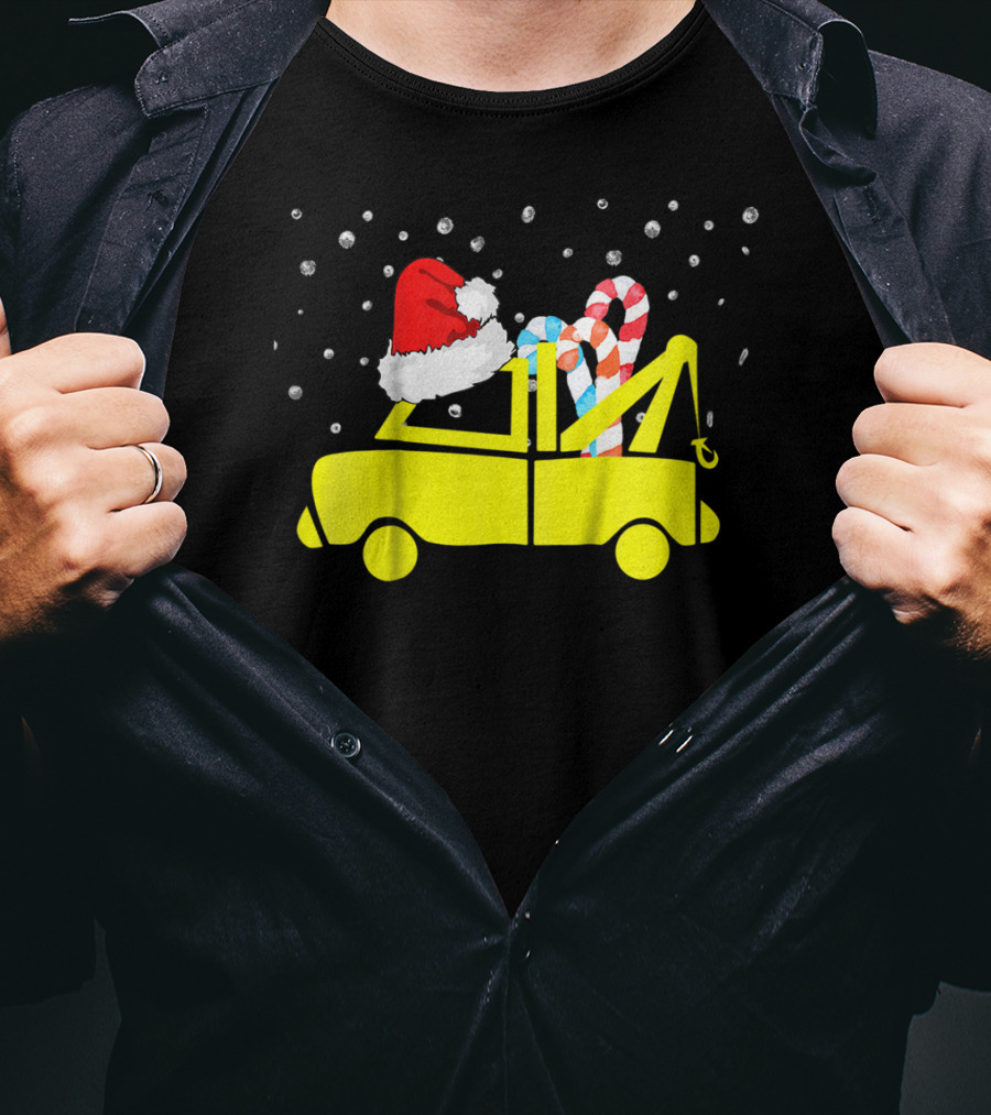 Kids Tow Truck Boys Christmas Santa Hat Candy Cane Snow T-Shirt