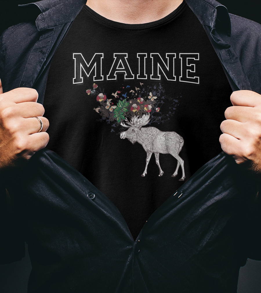 Maine Moose With Floral Antlers T-Shirt