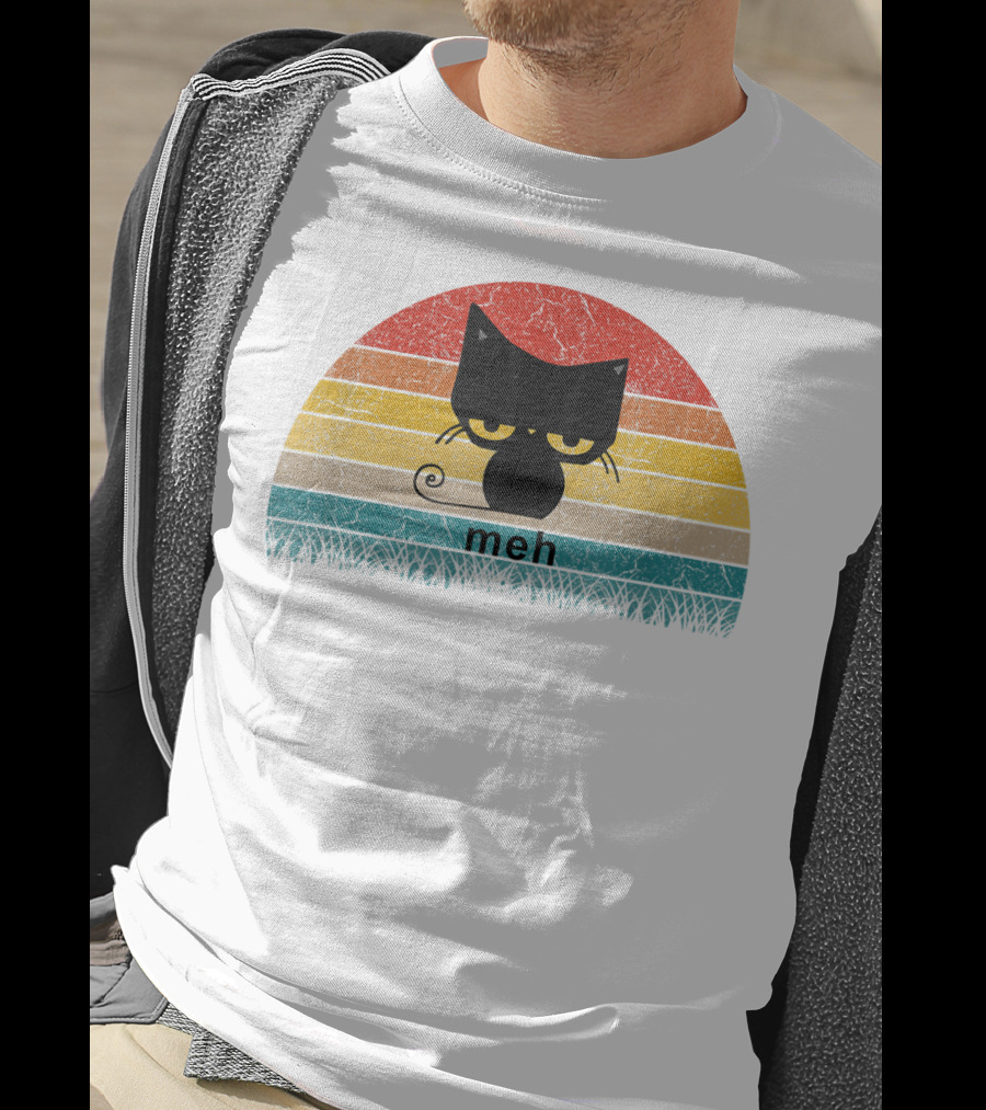 Meh Black Cat Retro Sunset Funny Cat Lovers T-Shirt