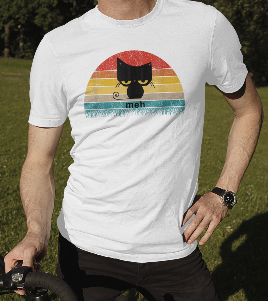 Meh Black Cat Retro Sunset Funny Cat Lovers T-Shirt