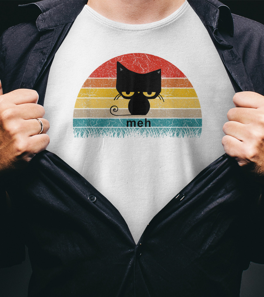Meh Black Cat Retro Sunset Funny Cat Lovers T-Shirt