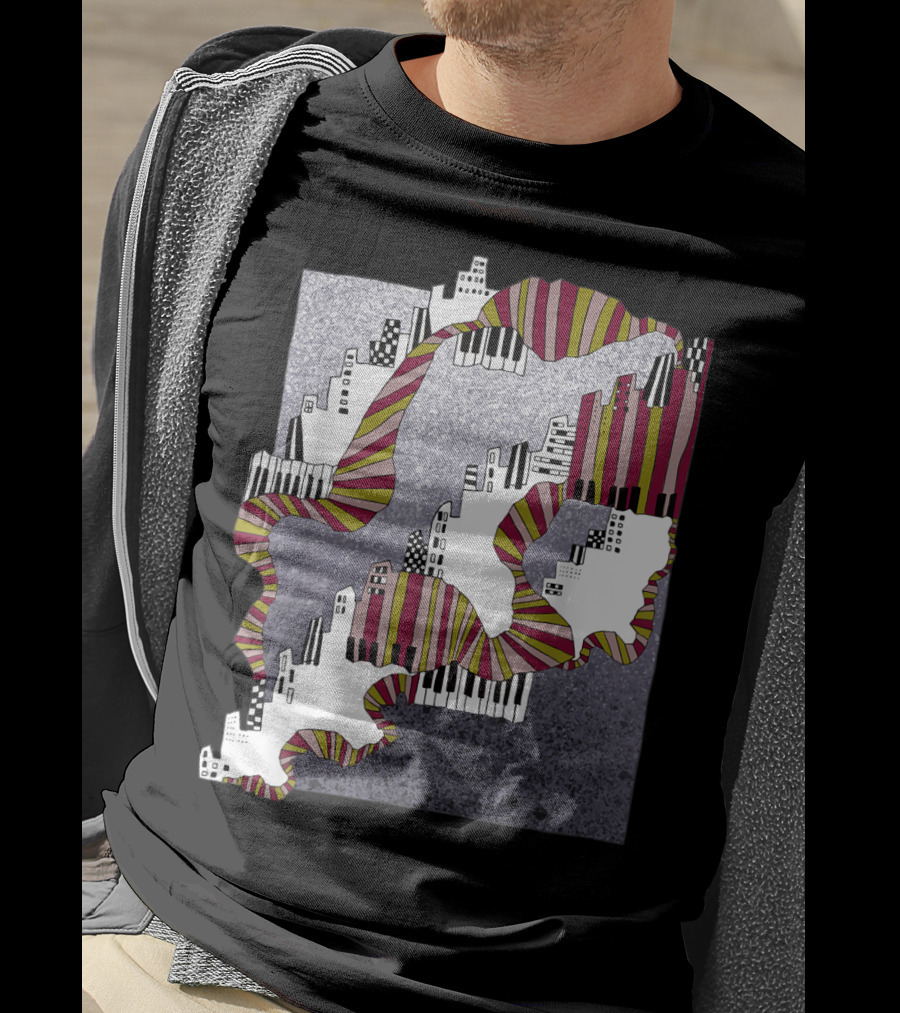 Mellow My Man Cityscape With 90s Hip Hop Piano Keys And Vibrant Stripes T-Shirt