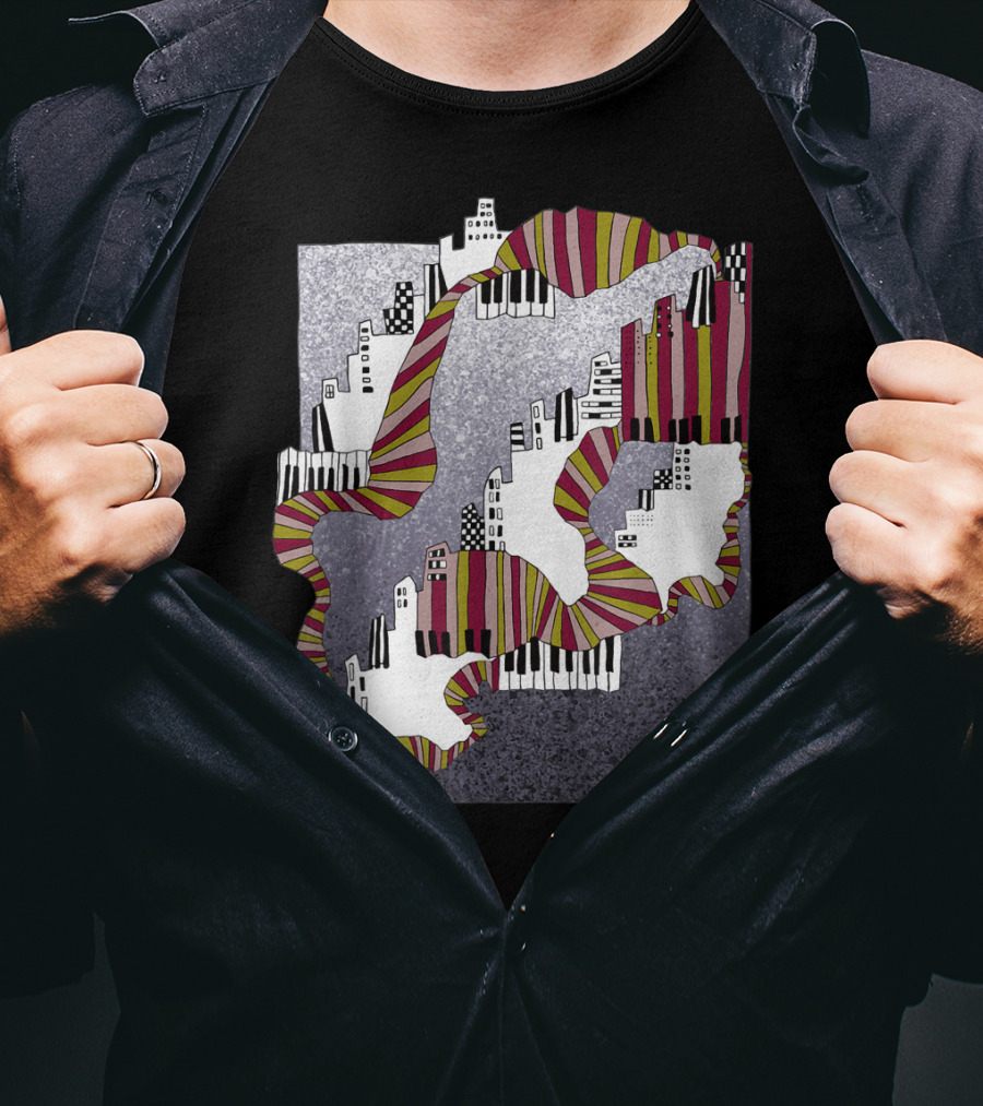 Mellow My Man Cityscape With 90s Hip Hop Piano Keys And Vibrant Stripes T-Shirt